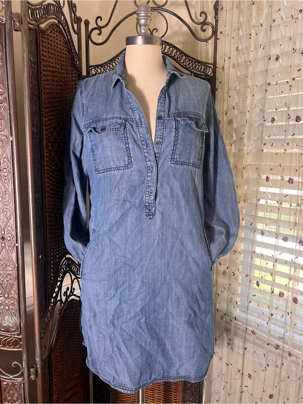 Eileen Fisher Chambray Blue Long Sleeve Shirt Dress